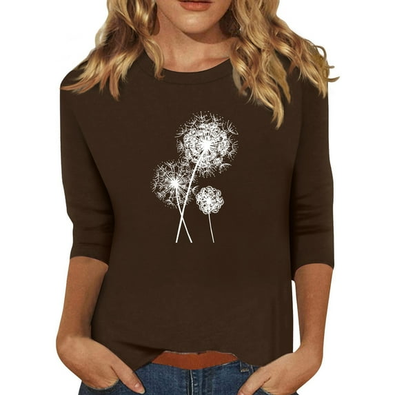 EHTMSAK Shirts for Women 3/4 Length Sleeves Dandelion Printed Solid Color Elbow Length Round Neck Tee Tops 2024 Trendy Summer Shirts Loose Fit Fashion Plus Size Blouses Coffee S