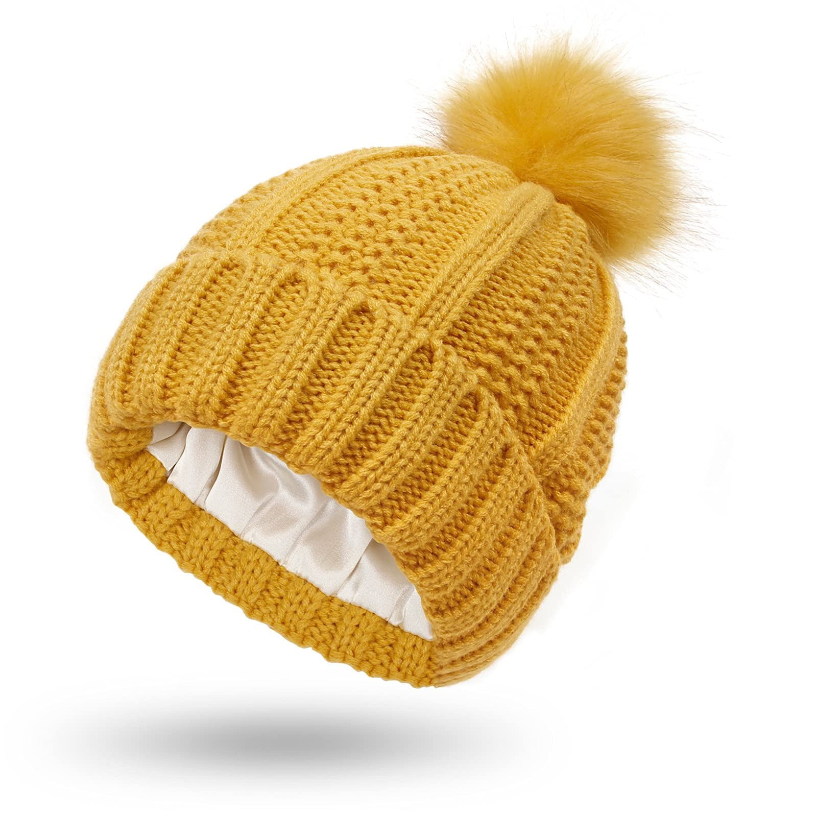 EHTMSAK Snow Beanies for Women Faux Fur Pompom Chunky Knit Hat Cable Knit  Chunky Beanie for Women Faux Fur Pompom Yellow Free Size 