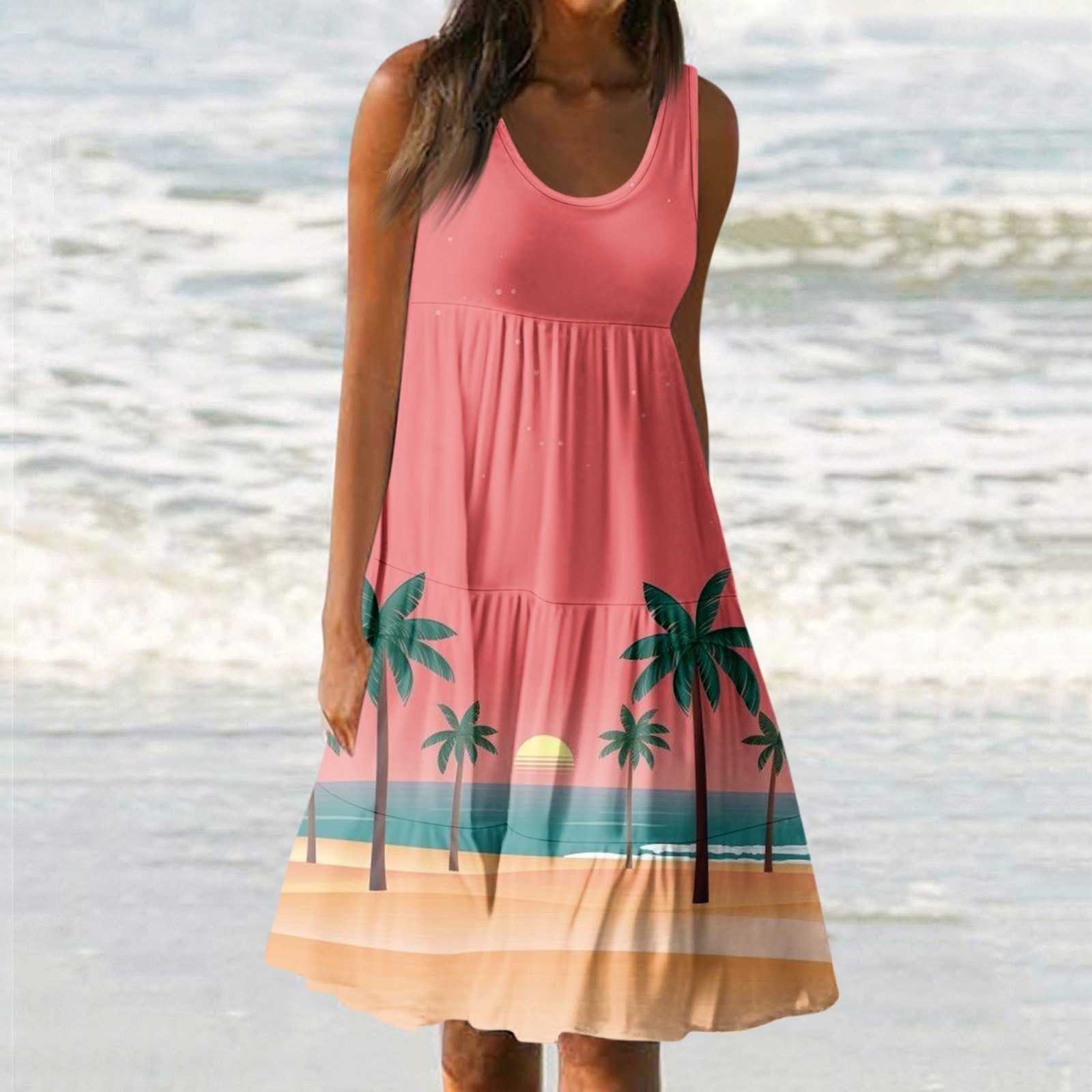Women's Summer Boho Floral Dress - Sleeveless Ruffle Swing Tunic Mini Sundress In Red