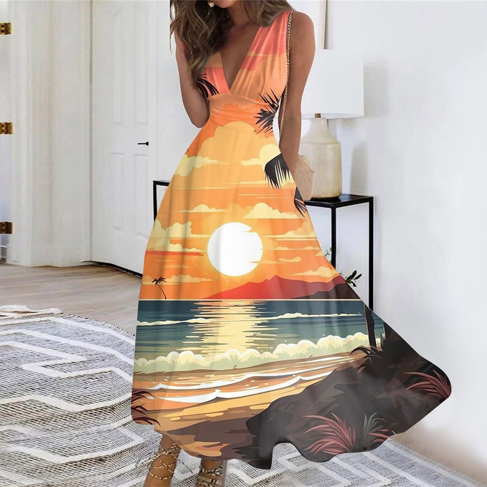 EHTMSAK Summer Dresses for Women 2024 Maxi Hawaiian Tropical Palm V