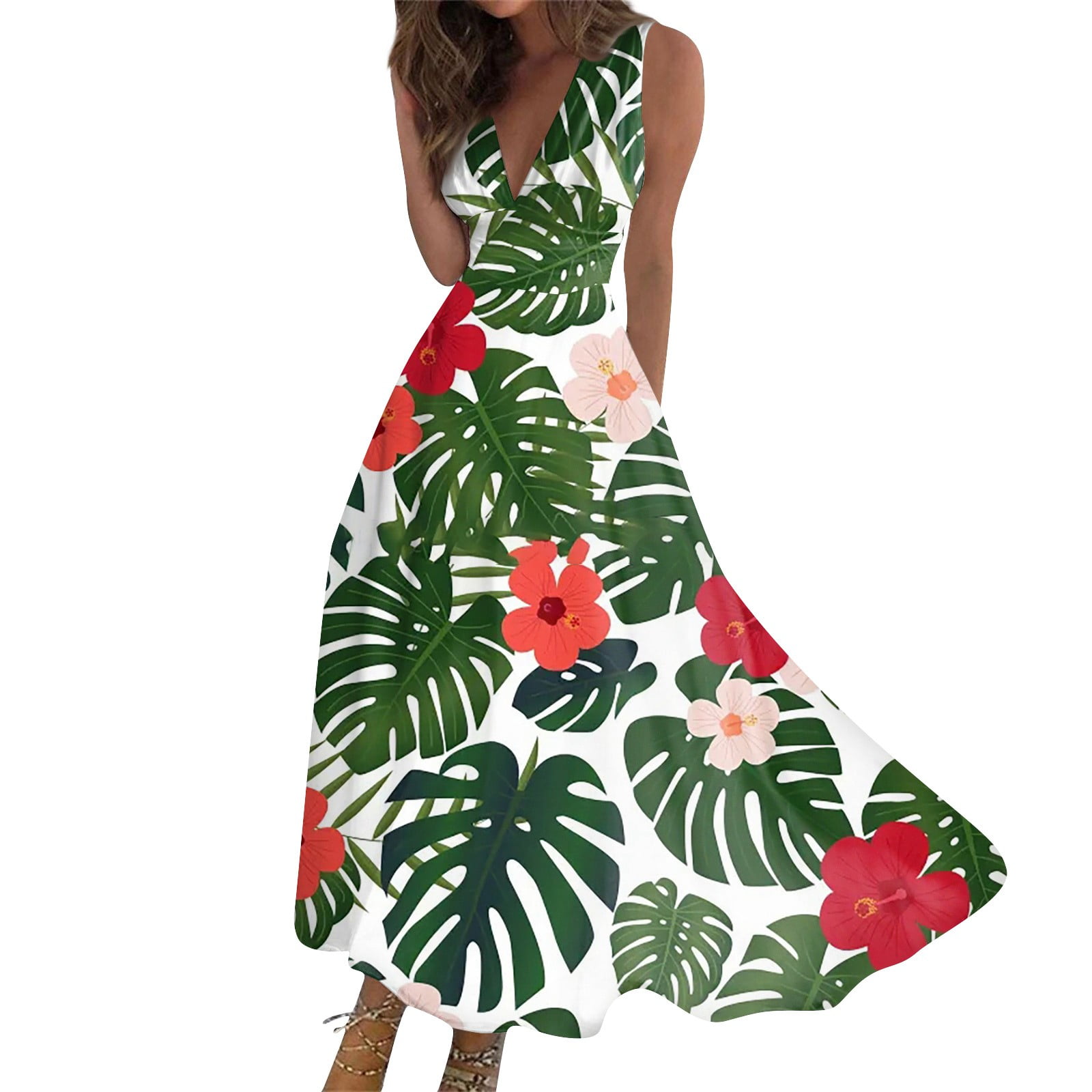 Women's Sunflower Maxi Dress - Sleeveless Scoop Neck Floral Print Sundress  With Pockets Sun Dresses Women Long