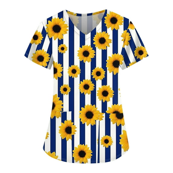 EHTMSAK Sunflower Scrubs Sets for Women with Jacket Flowers Trendy Casual Workwear Shirt Outfits Short Sleeve V Neck with Pocket Scrub Shirt Nursing Uniform Nurse Fashion Scrub Tops Dark Blue L