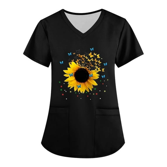 EHTMSAK Sunflower Scrubs Women Set Flowers Nursing Uniform with Pocket V Neck Scrub Shirt Fashion Nurse Workwear Casual Scrub Tops Short Sleeve Trendy Cute Shirt Black M
