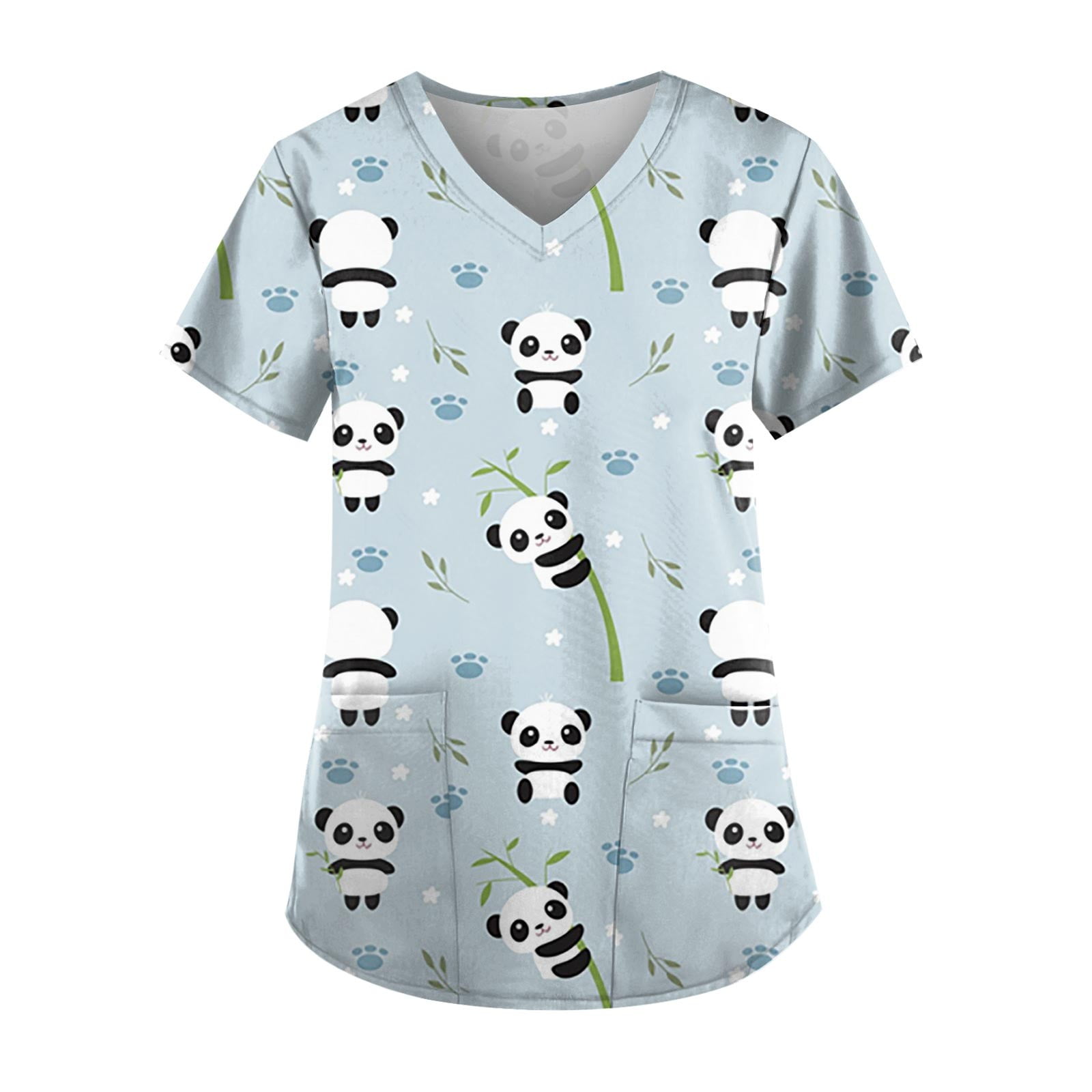 EHTMSAK Teal Nursing Panda Scrub Sets Women Cartoon Short Sleeve V Neck ...