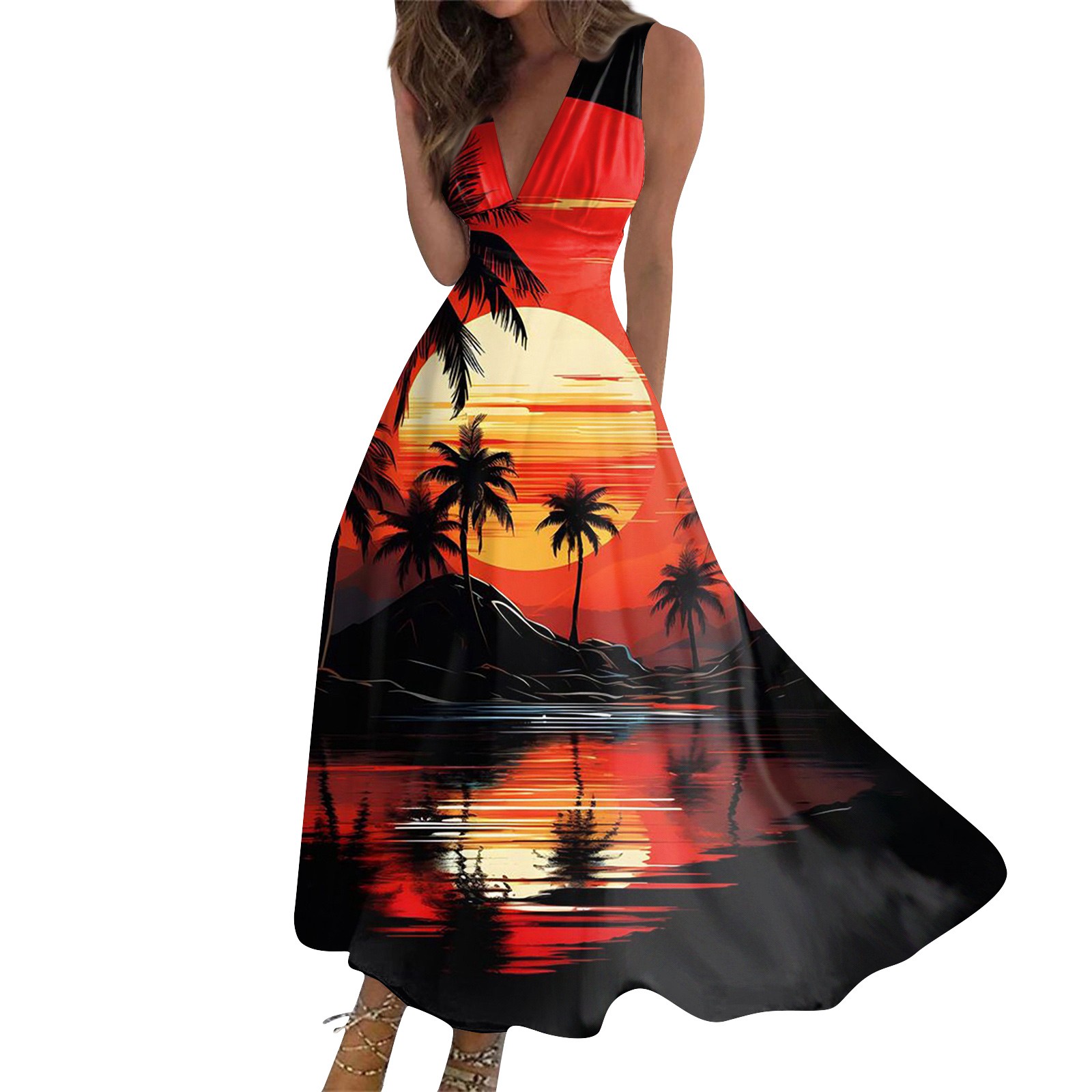 EHTMSAK Wedding Guest Dresses for Women Summer Hawaiian Tropical Palm V ...