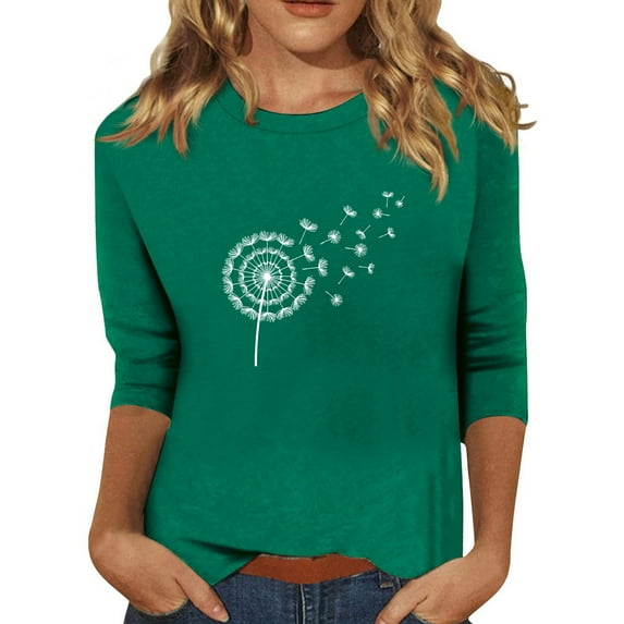 EHTMSAK Women Dress Shirts 3/4 Sleeves Elbow Length Dandelion Printed Solid Color Round Neck Shirts Loose Fit 2024 Trendy Tee Tops Casual Plus Size Fashion Blouses Dark Green 3XL