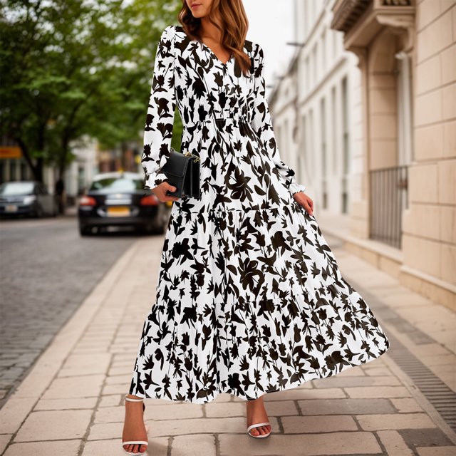 EHTMSAK Women Fall Dresses 2024 Casual Long Sleeve V Neck Maxi Dresses