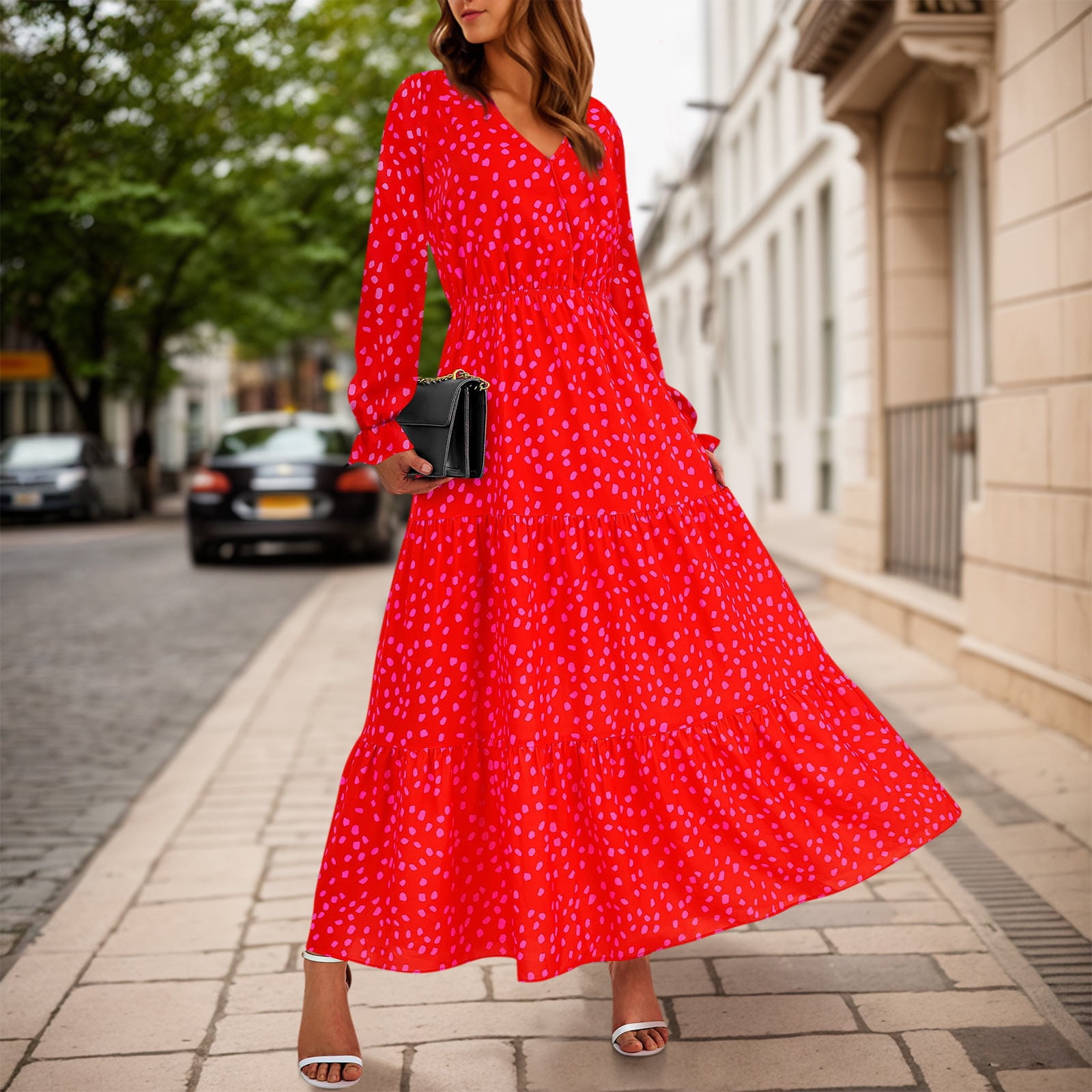 GORGLITTER Women's Boho Flowy Maxi Dress – 3/4 Sleeve Button-Down Tiered Ruffle V-Neck Casual Dress