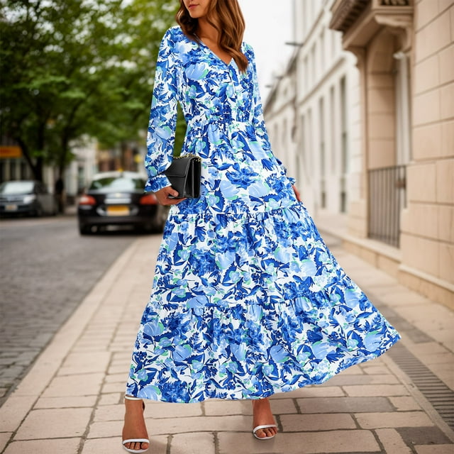 EHTMSAK Women Fall Dresses 2024 Casual Long Sleeve V Neck Maxi Dresses
