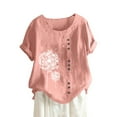 thumbnail image 1 of EHTMSAK Women Long Button Up Shirt Women's T-Shirts Size 5x Summer Ladies Short Sleeve Shirt Clearance Crew Neck Plus Size Dressy Tops for Women Cotton Linen Dressy Blouses Plus Size Pink 2XL, 1 of 4