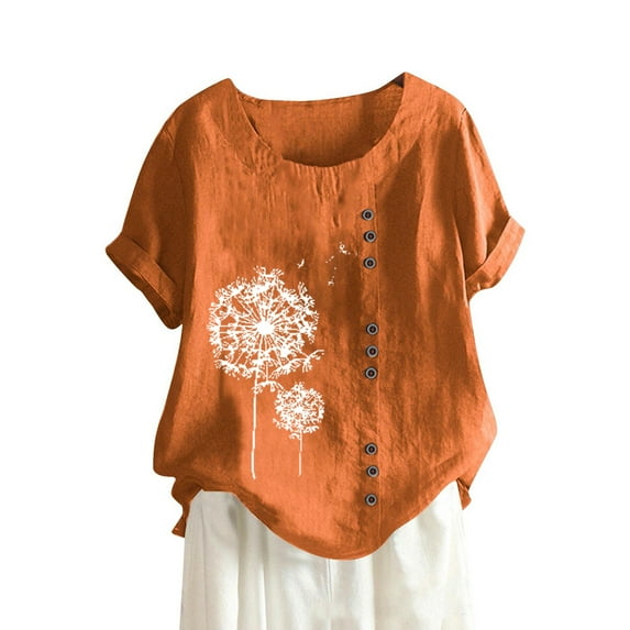 EHTMSAK Women Long Button Up Shirt Women's T-Shirts Size 5x Summer Ladies Short Sleeve Shirt Clearance Crew Neck Plus Size Dressy Tops for Women Cotton Linen Dressy Blouses Plus Size Orange XL