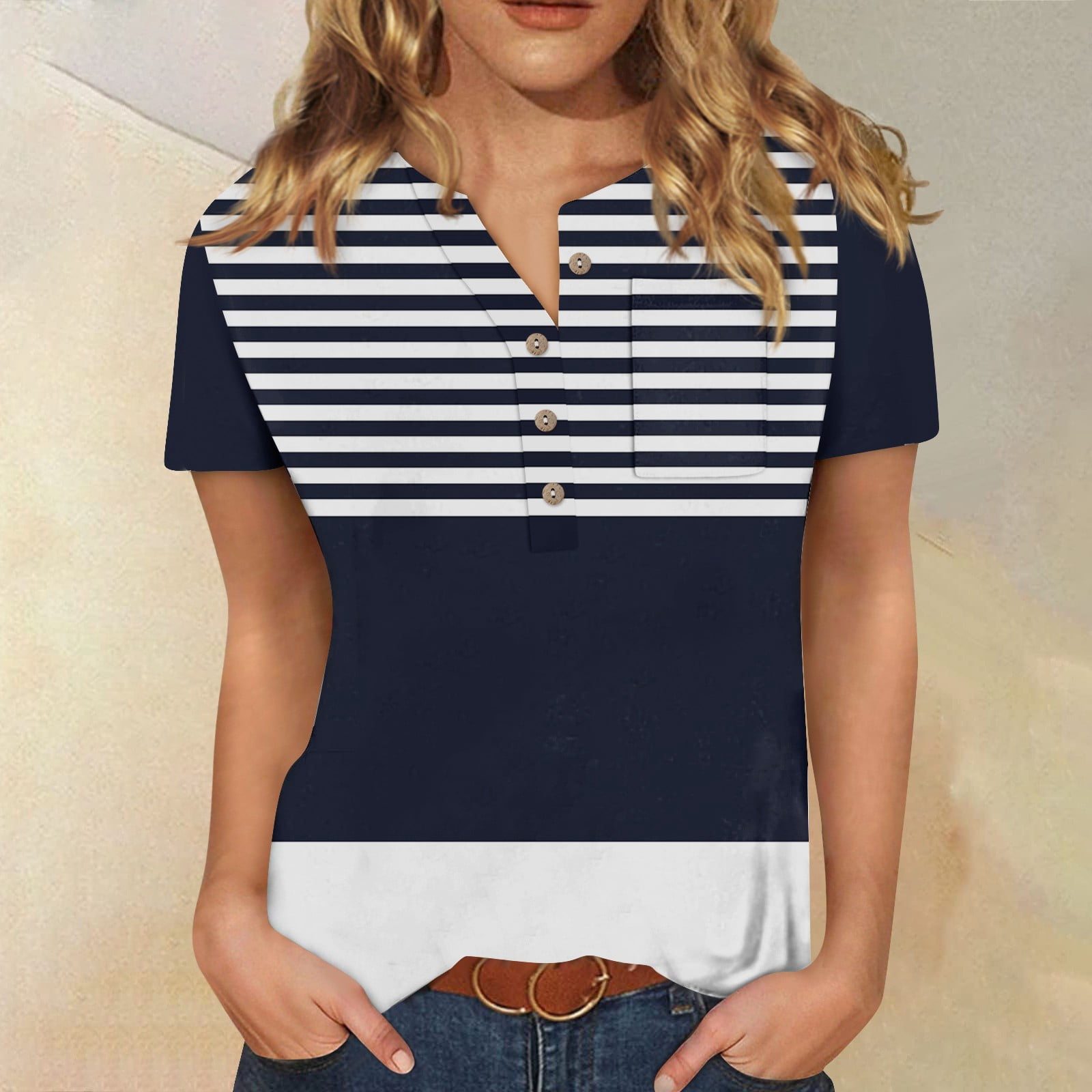 EHTMSAK Women Short Sleeve Tops for Work Color Block Striped Henley