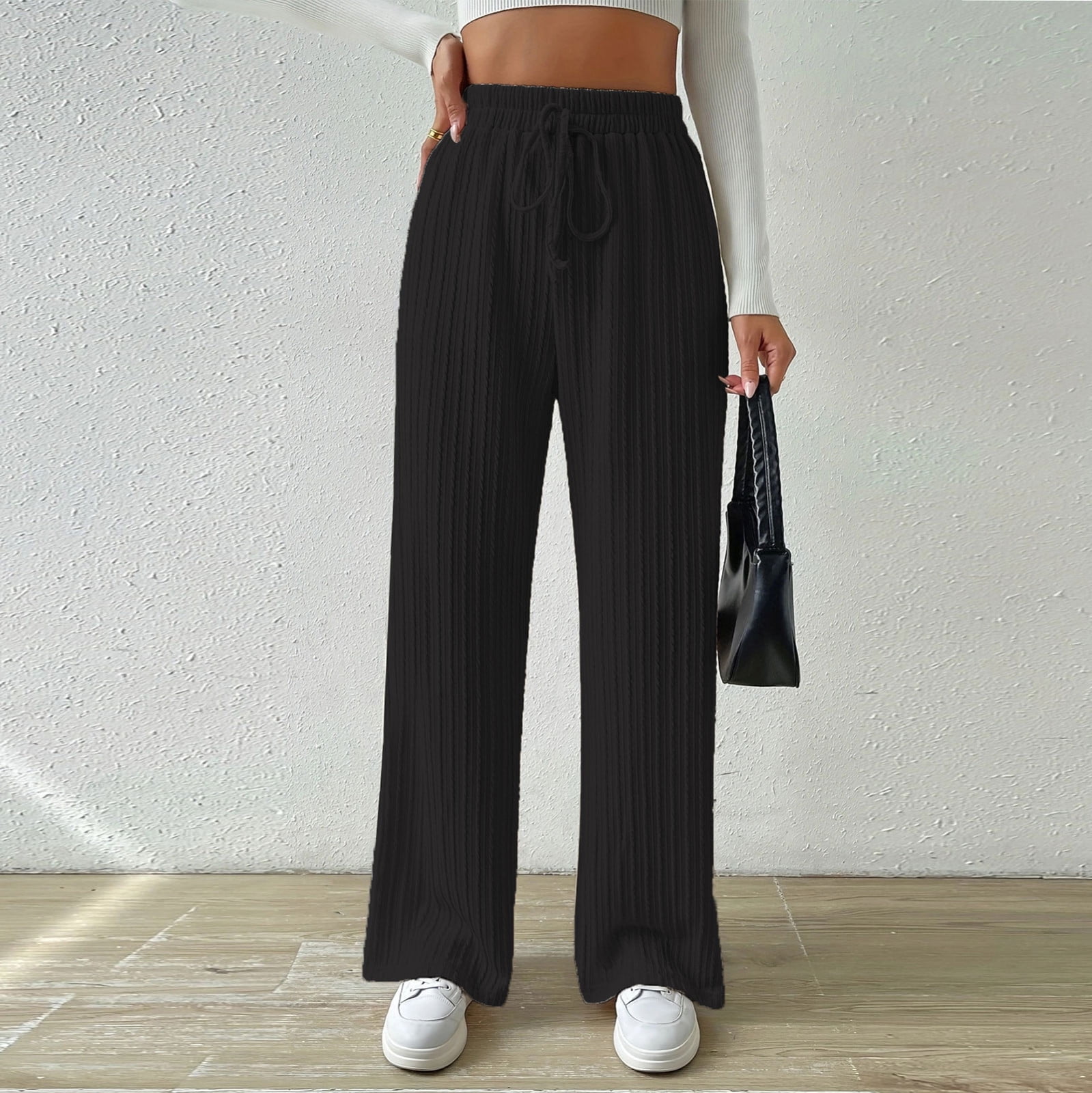 EHTMSAK Women Straight Leg Pants Back Pockets Knit Casual Flowy Trousers Cable Petite Lounge