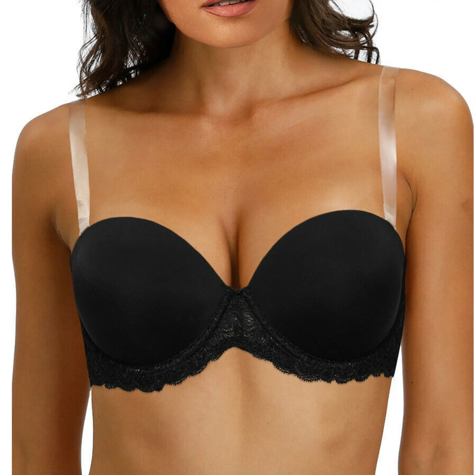 EHTMSAK Women Strapless Bra Longline Corset Bra Hide Back with No-Slip Silicone Strip Black 42F