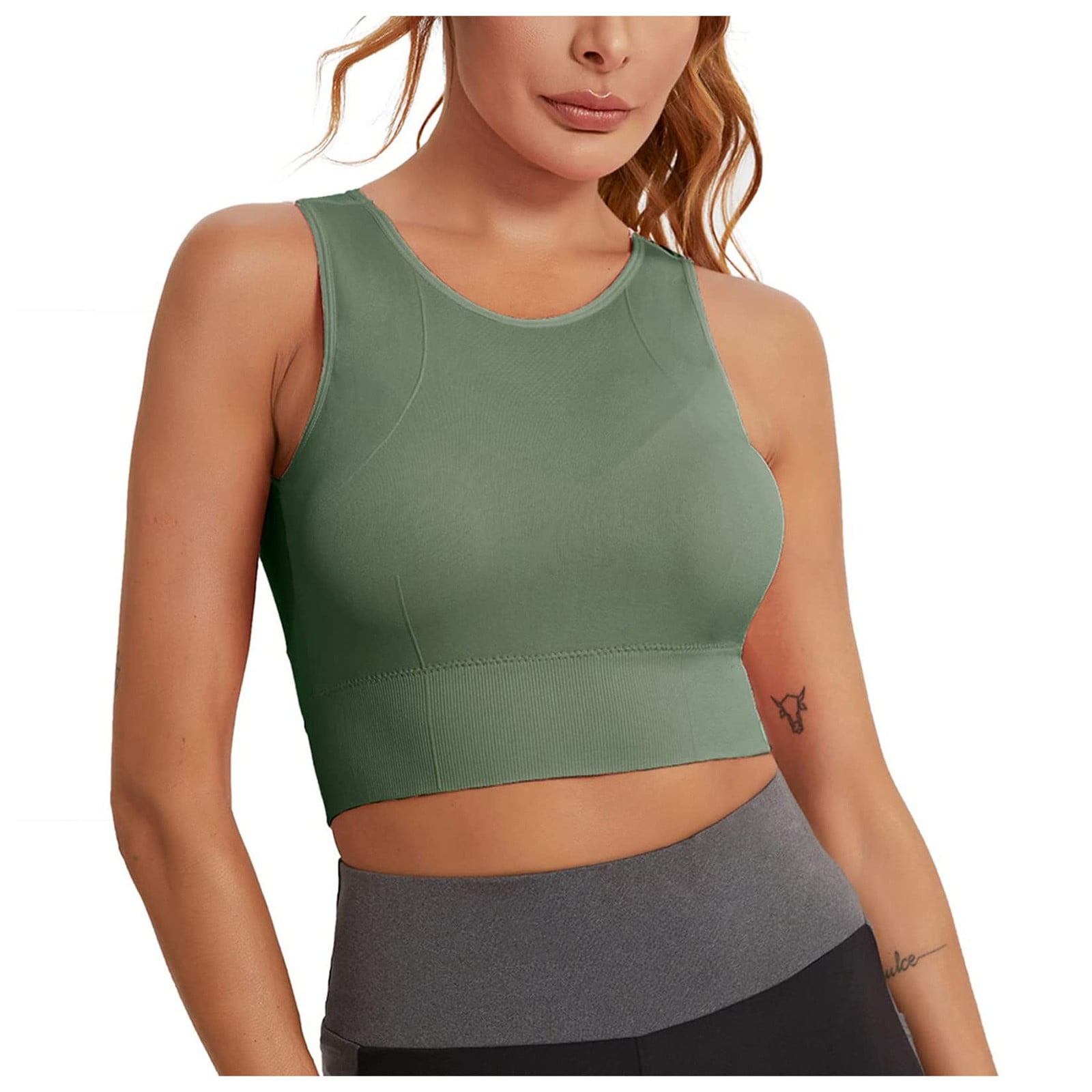 EHTMSAK Compression Sports Bra Racerback Wireless Push Up Bras for Women  Longline High Neck Strappy Sports Bras Medium Support Yoga Bra Dark Green L