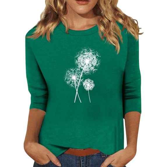 EHTMSAK Women's Polo Shirts with 3/4 Sleeve Solid Color Dandelion Printed Elbow Length Crew Neck Blouses 2024 Trendy Summer Tee Tops Plus Size Casual Loose Fit Shirts Dark Green S