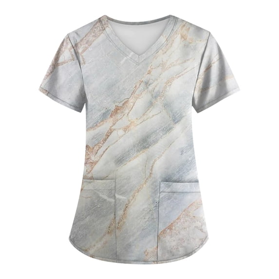 EHTMSAK Women's Scrub Tops with Pocket Floral Working Uniform Short Sleeve V Neck Workwear Blouse T-Shirt with Pockets on Clearance White L