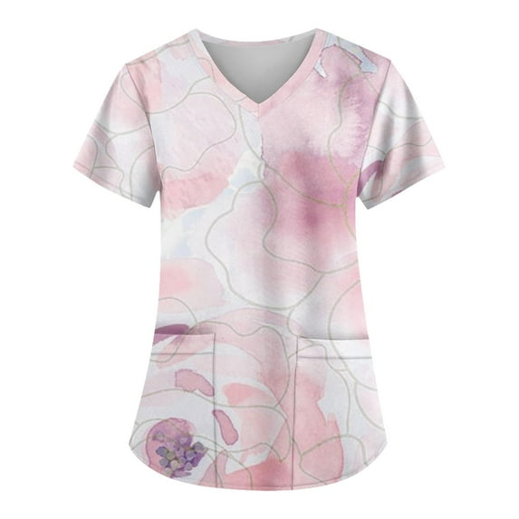 EHTMSAK Women's Stretchy Printed V-Neck Medical Scrub Top Floral with Pocket Short Sleeve V-Neck Tops Working Uniform Cartoon Print Blouse Pink XL
