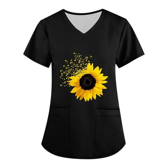 EHTMSAK Women's Sunflower Scrub Tops Cotton Flowers with Pocket Nurse Short Sleeve Shirt Cute Workwear Trendy Nursing Uniform Scrub Shirt V Neck Casual Going Out Scrub Tops Orange M