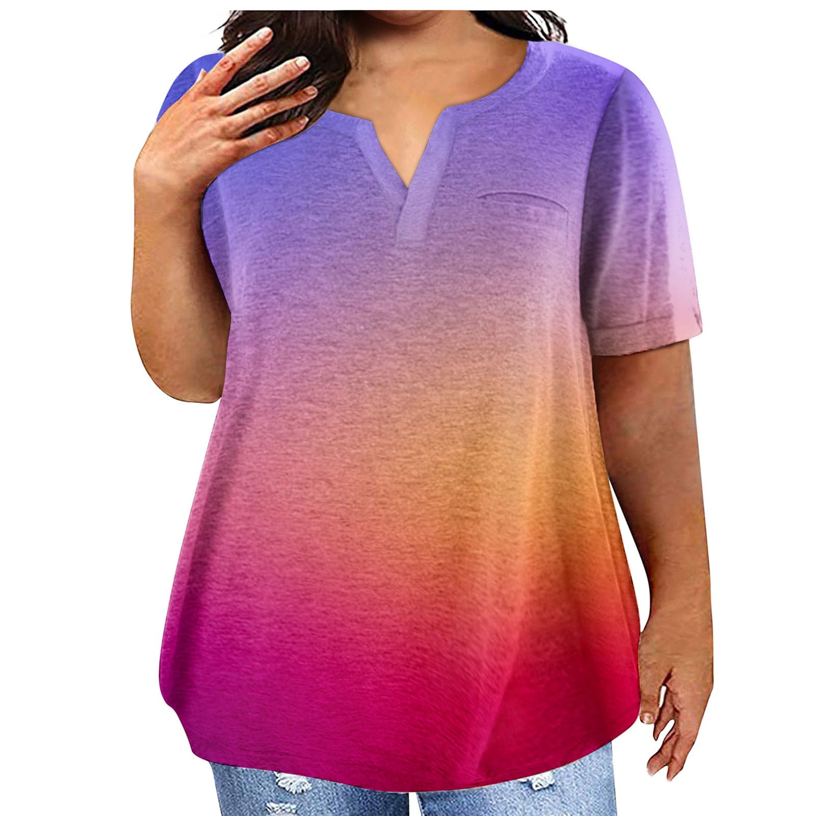 Amoretu Women's Summer T-Shirt – Short Sleeve V-Neck Curved Hem Basic Top In Purple