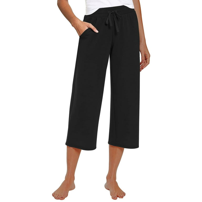 EHTMSAK Pull on Capris for Women Capris for Women Casual Wide Leg Loose  Comfy Lounge Workout Capri Sweatpants with Pockets Black 2X