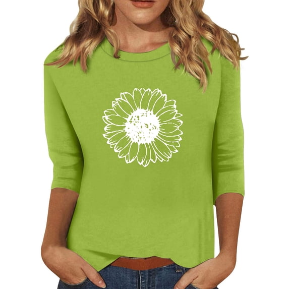 EHTMSAK Womens Cotton Tshirts 3/4 Sleeve Elbow Length Solid Color Sunflowers Printed Crewneck Shirts 2024 Trendy Summer Blouses Fashion Casual Loose Fit Tee Tops Green 5XL