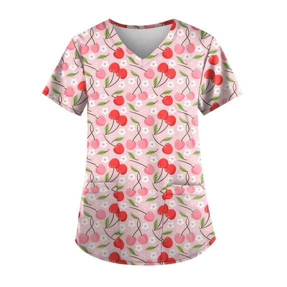 EHTMSAK Womens Denim Print Scrubs Tops and Bottoms Color Block Casual Workwear Trendy Shirt Fashion with Pocket Nursing Uniform Short Sleeve Scrub Shirt Nurse V Neck Cute Scrub Tops Pink L