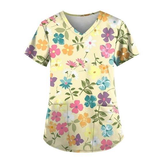EHTMSAK Womens Denim Print Scrubs Tops and Bottoms Color Block Casual Workwear Trendy Shirt Fashion with Pocket Nursing Uniform Short Sleeve Scrub Shirt Nurse V Neck Cute Scrub Tops Yellow 3XL