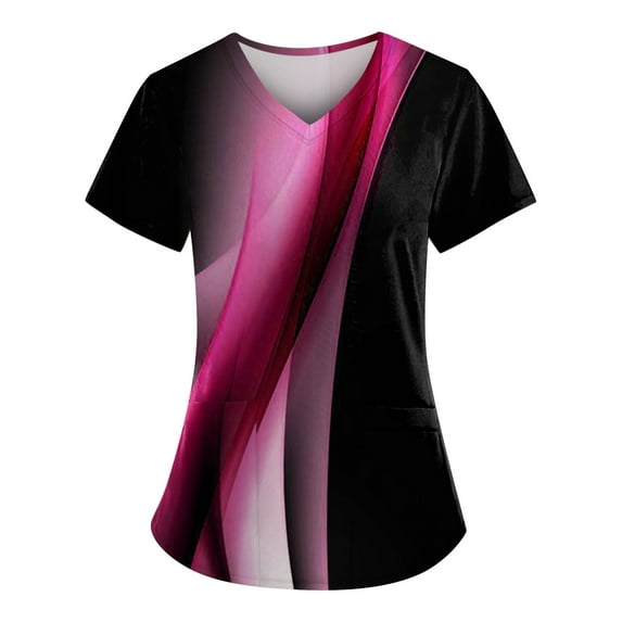 EHTMSAK Womens Denim Print Scrubs Tops and Bottoms Color Block Casual Workwear Trendy Shirt Fashion with Pocket Nursing Uniform Short Sleeve Scrub Shirt Nurse V Neck Cute Scrub Tops Hot Pink 2XL