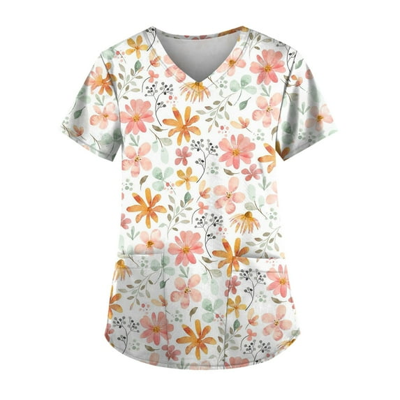 EHTMSAK Womens Denim Print Scrubs Tops and Bottoms Color Block Casual Workwear Trendy Shirt Fashion with Pocket Nursing Uniform Short Sleeve Scrub Shirt Nurse V Neck Cute Scrub Tops Pink XL
