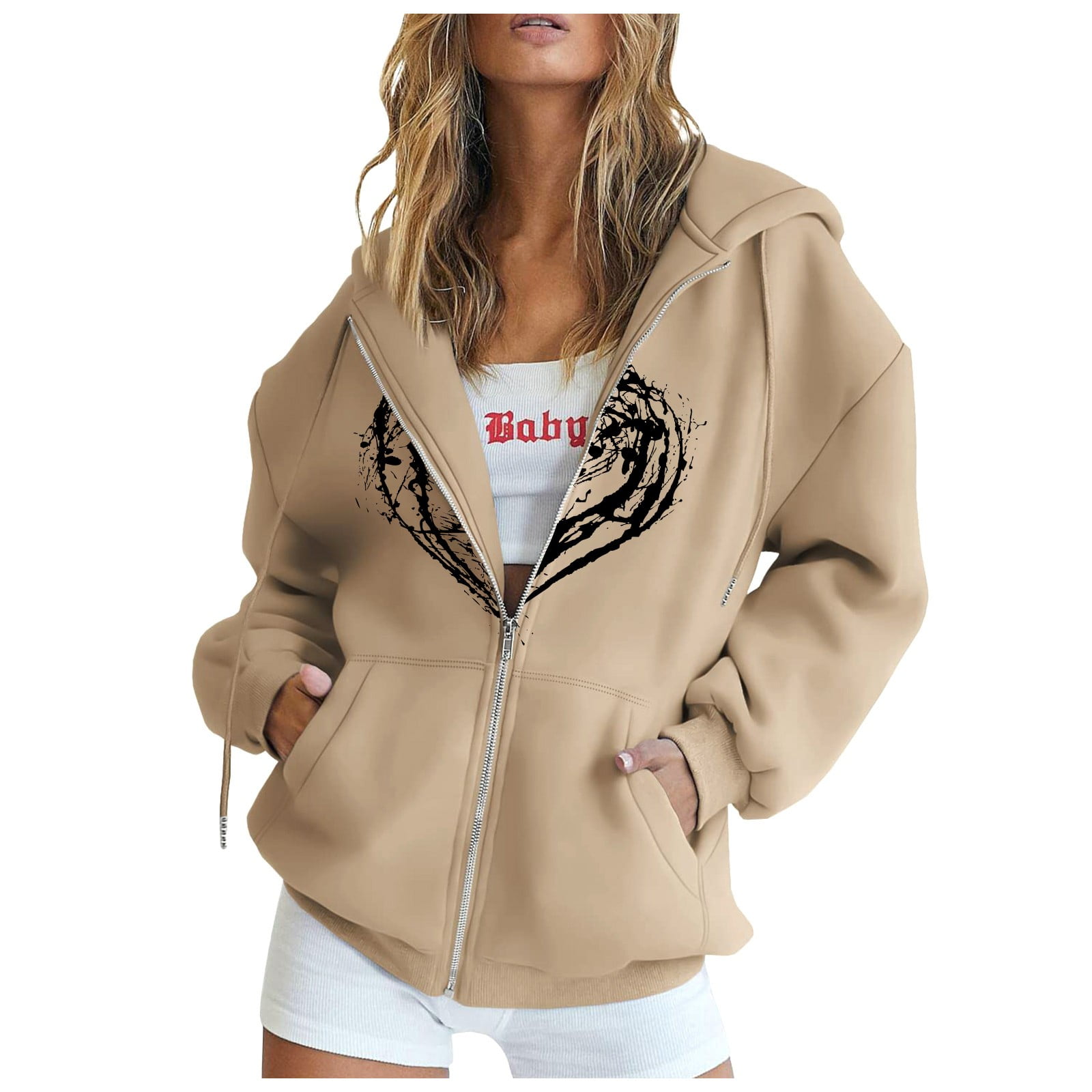 EHTMSAK Womens Fleece Hoodie Outfit Plus Size Sweatshirt for Women Heart Printed Plus Size Jackets for Teen Girls Fall Fashion Girls Womans Clothing Camel S Walmart