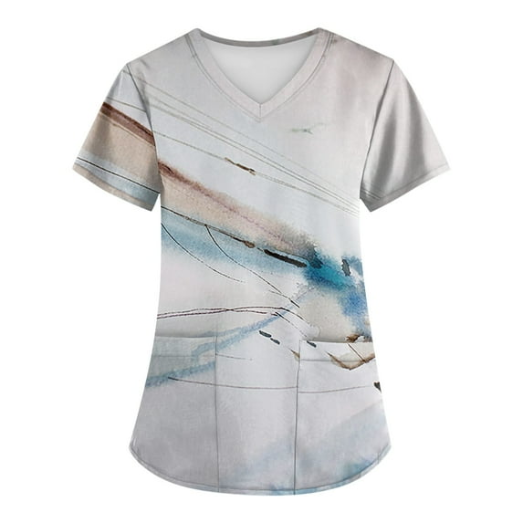 EHTMSAK Womens Nursing Scrub Tops Floral with Pocket with Pocket Short Sleeve V-Neck Nurse Tops Printed Working Uniform Blouse Working Tops White XL
