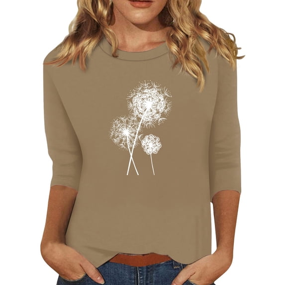 EHTMSAK Womens Oversized Shirts 3/4 Sleeves Elbow Length Solid Color Dandelion Printed Round Neck Tee Tops Casual Summer Blouses Fashion Loose Fit Plus Size Shirts Khaki S