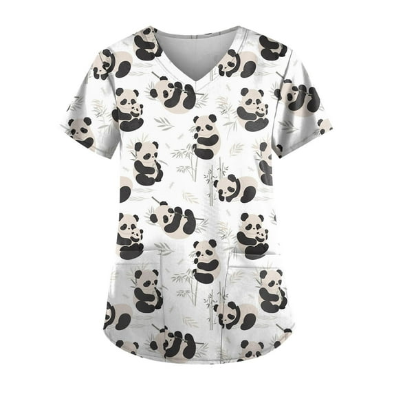 EHTMSAK Womens Plus Size Panda Scrubs Cartoon Nurse V Neck with Pocket Shirt Outfits Trendy Workwear Casual Scrub Tops Short Sleeve Nursing Uniform Fashion Scrub Shirt Beige 4XL