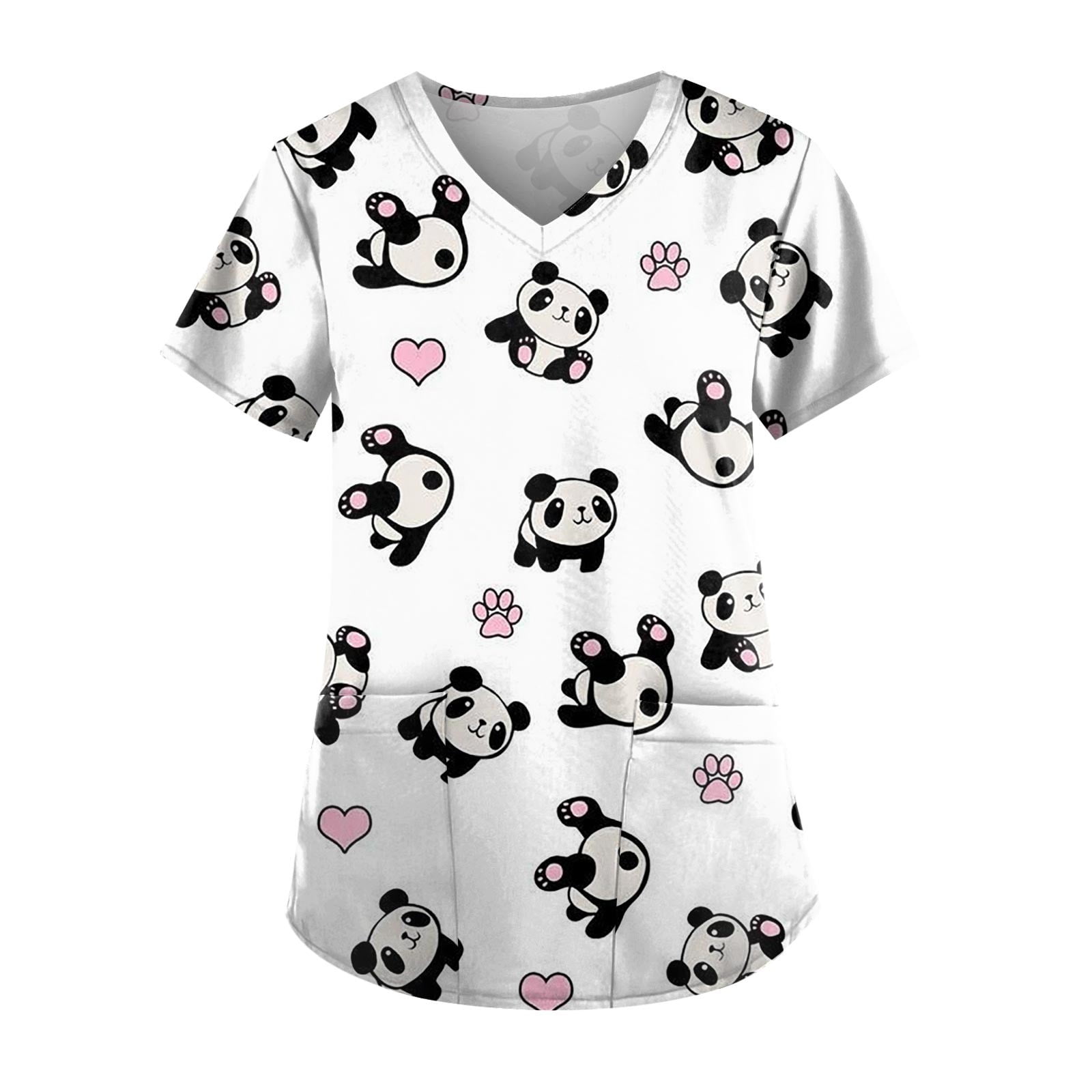EHTMSAK Womens Print Panda Scrub Tops Medium Cartoon Nursing Uniform ...