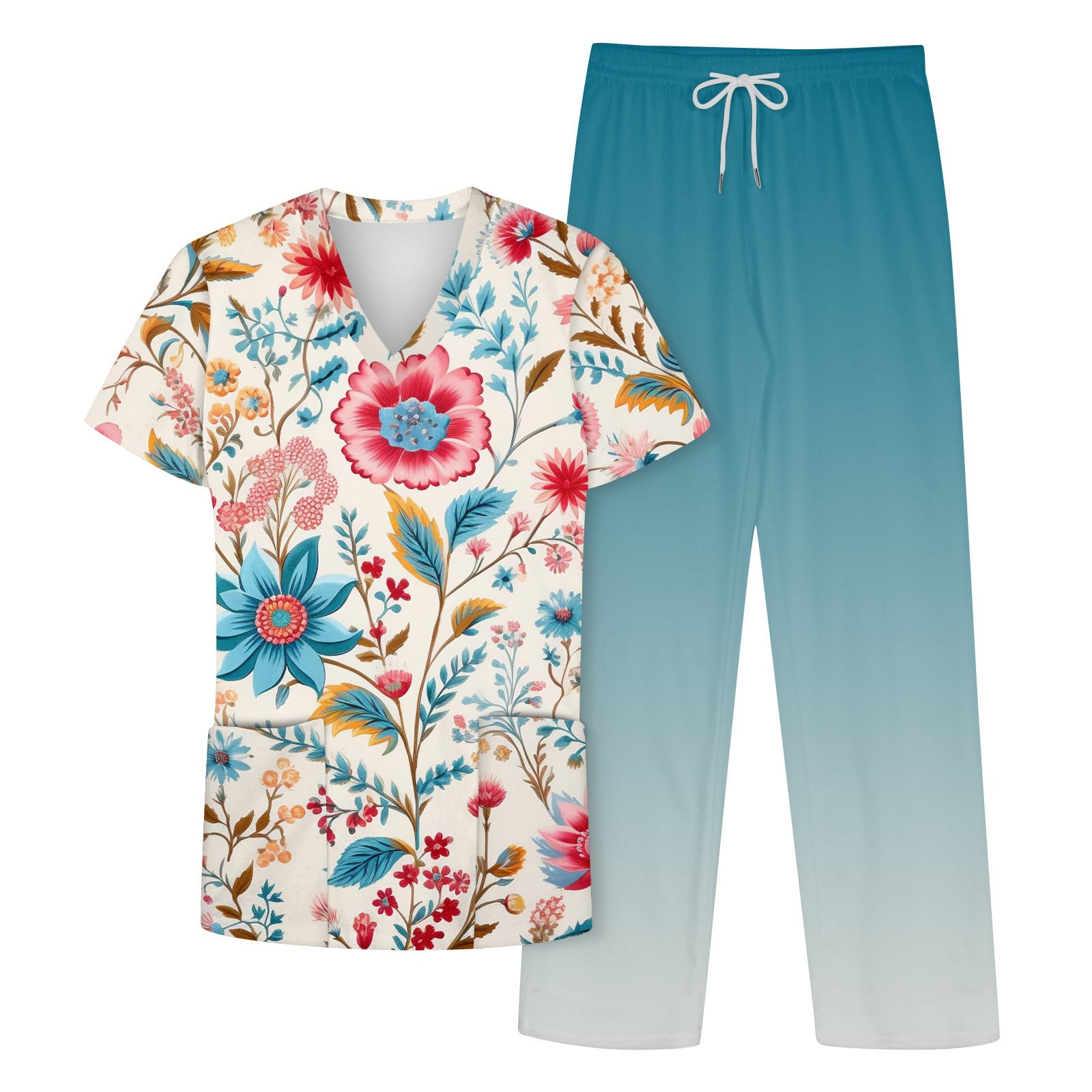 EHTMSAK Womens Scrub Sets Joggers Floral Flower Printed Tie Dye Nursing