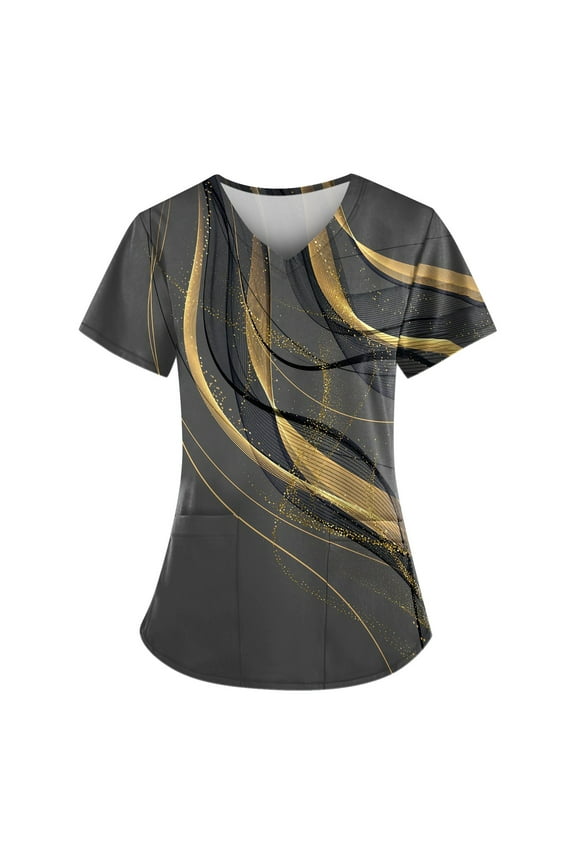 Womens Scrub Top Plus Size T Shirt V Neck Floral Fall Short Sleeve Uniform Workwear Tunic Casual Clinic Blouse Carer Top on Clearance with Pockets Black L