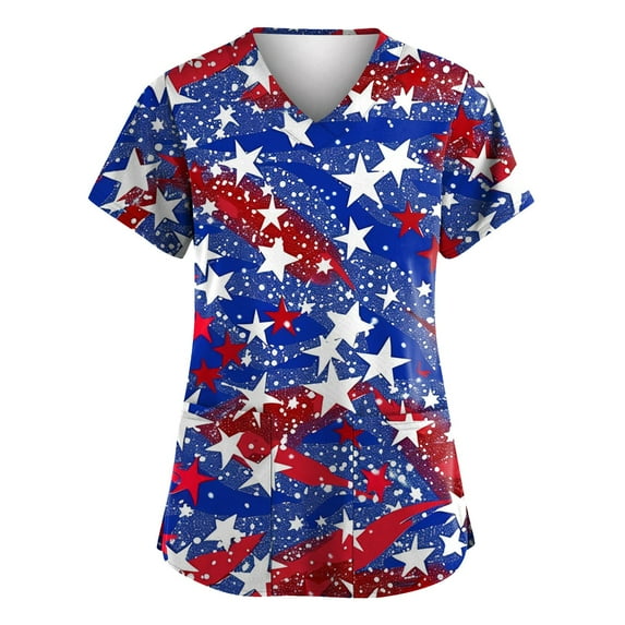 EHTMSAK Womens Scrub Top Plus Size T Shirt V Neck Floral Fall Short Sleeve Uniform Workwear Tunic Casual Clinic Blouse Carer Top on Clearance with Pockets Royal Blue 3X