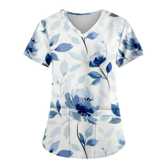 EHTMSAK Womens Scrub Tops Floral with Pocket Short Sleeve V-Neck Tops Working Uniform Print with Pockets Blouse Casual Nurse Shirts Scrubs on Clearance Blue 5X