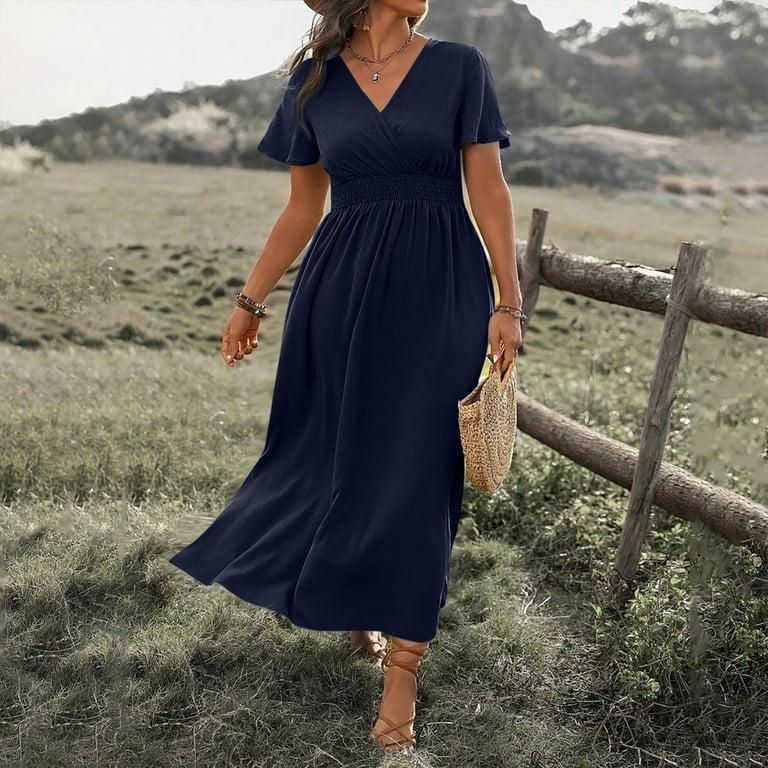 EHTMSAK Womens Summer Wrap Maxi Dress 2024 Casual Boho Floral V Neck Short Sleeve Plus Size Split Beach Long Dresses Navy 3XL Walmart