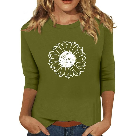 EHTMSAK Womens T-Shirts Cotton 3/4 Sleeves Elbow Length Sunflowers Printed Solid Color Crewneck Tee Tops Summer 2024 Trendy Shirts Casual Fashion Plus Size Blouses Army Green L