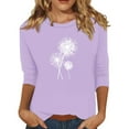 thumbnail image 1 of EHTMSAK Womens T-Shirts Cotton 3/4 Sleeves Solid Color Dandelion Printed Elbow Length Crewneck Blouses Loose Fit Casual Tee Tops Summer Plus Size Fashion Shirts Light Purple M, 1 of 4