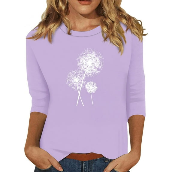EHTMSAK Womens T-Shirts Cotton 3/4 Sleeves Solid Color Dandelion Printed Elbow Length Crewneck Blouses Loose Fit Casual Tee Tops Summer Plus Size Fashion Shirts Light Purple M