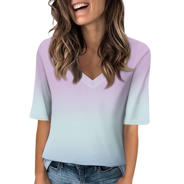 EHTMSAK Womens Tshirt Loose V Neck Half Sleeve Tunic Tops Elbow Tie Dye