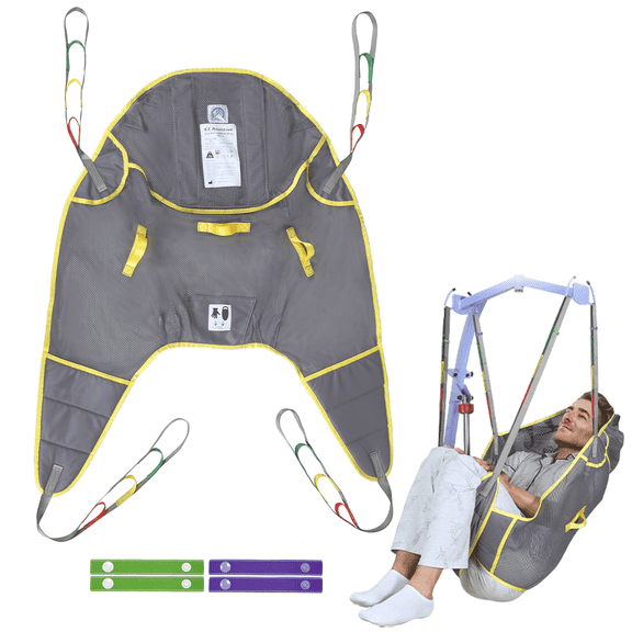 EHUCON Patient Lift Divided Leg Sling with Head Support, Full Body Mesh Transfer Sling, 500 lb Safe Working Load, Breathable Polyester Mesh, Purple Gray, Small