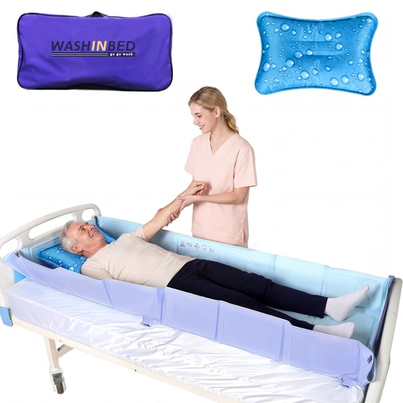 EHUELDER Portable Folding Bed Bathtub, Wash in Bed Shower Mattress, Waterproof PVC with Sponge Padding, 74" x 24" x 8", 6 Fold Collapsible, 1 Set with Drain Pipes & Pillow, Purple