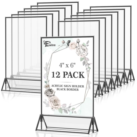 EHWINE 12 Pack Acrylic Sign Holder 4 x 6, Double Sided Black Picture Frame Stand up Table Top Sign Holders, Clear Display Stand Menu Flyer Holder for Wedding Party(Provide Non-slip Mats)