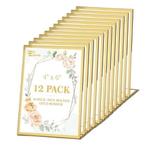 EHWINE 12 Pack Acrylic Sign Holder 4 x 6, Gold Picture Frame Stand up Table Top Sign Holders, Slanted Back Paper Holder Clear Display Stand Menu Flyer Holder for Wedding Party