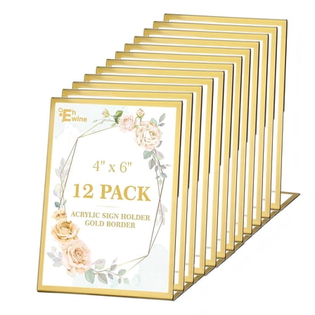 EHWINE 12 Pack Acrylic Sign Holder 4 x 6, Gold Picture Frame Stand up Table Top Sign Holders, Slanted Back Paper Holder Clear Display Stand Menu Flyer Holder for Wedding Party