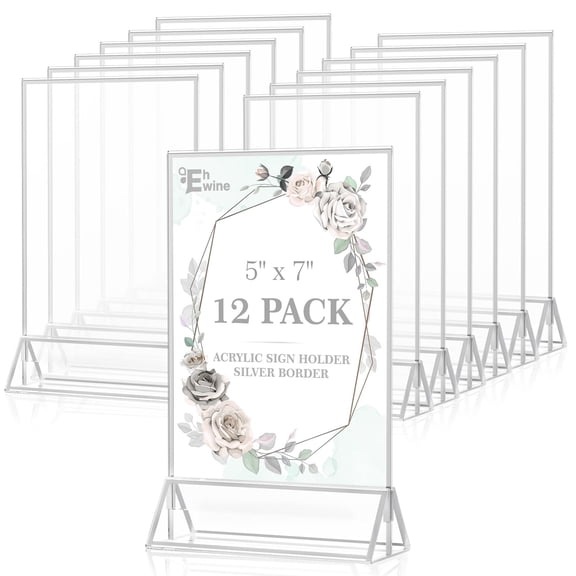 EHWINE 12 Pack Acrylic Sign Holder 5 x 7, Double Sided Silver Picture Frame Stand up Table Top Sign Holders, Clear Display Stand Menu Flyer Holder for Wedding Party (Provide Non-slip Mats)